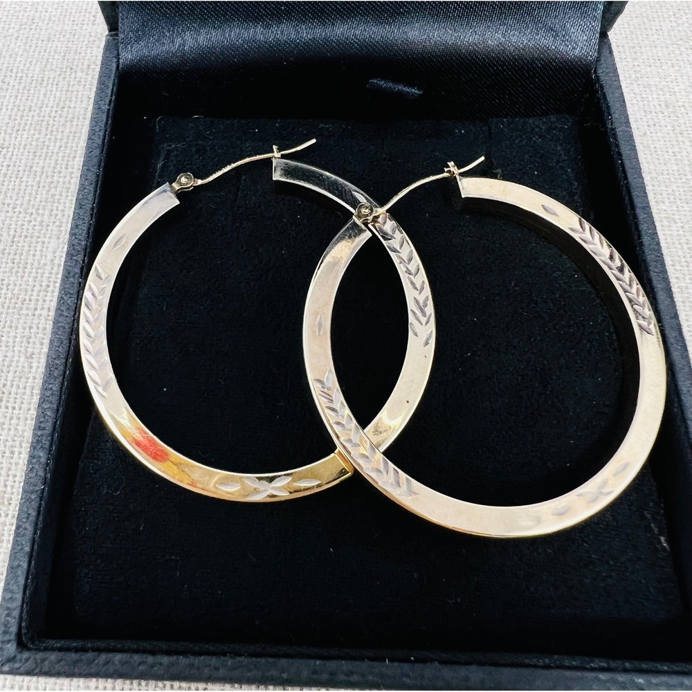 14K Gold Filled Overlay Sterling Silver Diamond Cut Leaf Etched Hoop Earrings